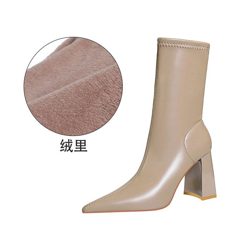Fashion Fashion Simple Warm Mid-Calf Chunky Block Heels Women Boots Pointed High-Heeled Pu Leather Slimming Boots Autumn Winter