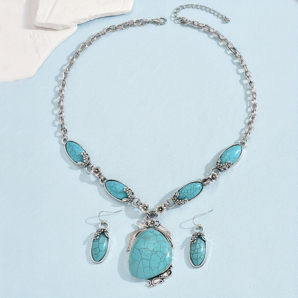 3-Piece Jewelry Set Silvery Alloy Necklace and Earrings with Turquoise Vintage Bohemian Women's Accessories Beach Vacation Gifts