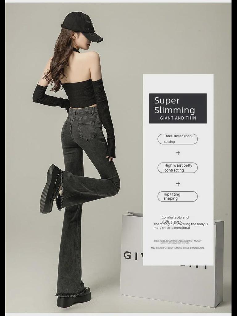 Women's Slim Fit Elastic High-Waist Flared Jeans - Black/Grey, Raw Edge, Fall/Winter Edition