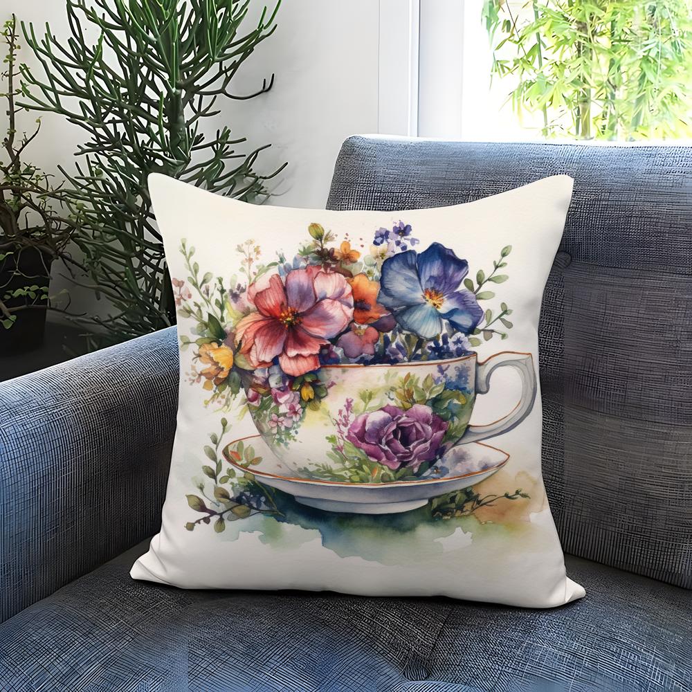 Popular C-CCup of Flowers Cushion Cover Comfortable Reversible Pillow Cover Ideal for Car Sofa Bedroom & Beyond