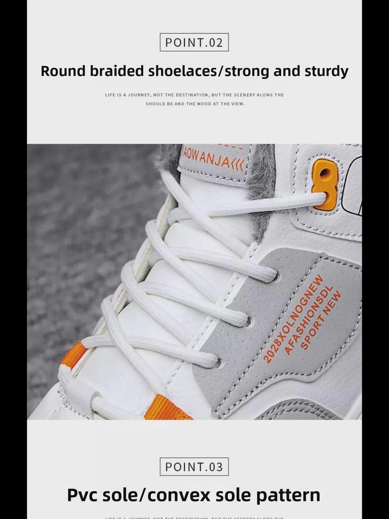 Men's Trendy Korean Style White High-Top Casual Sports Shoes with Velvet Lining for Warmth