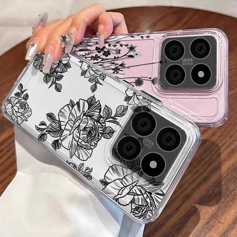 Black Line Floral Pattern Case For Xiaomi Redmi Note 15 Pro 4G Funda Redmi Note 14 13 Pro 5G Clear TPU Silicone Soft Cover