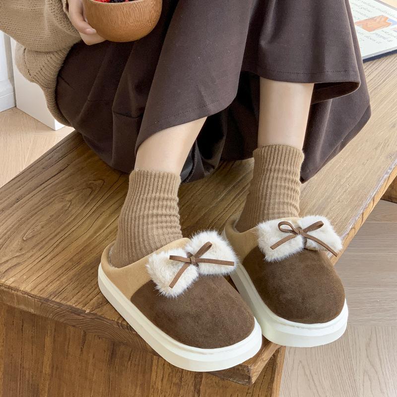 2025 new cotton slippers winter home indoor velvet bow cute student dormitory warm cotton mop