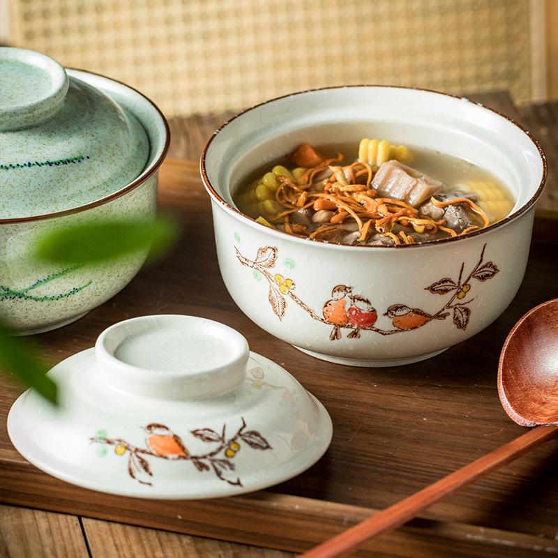 YWDL Japanische Instant-Ramen-Schüssel mit Deckel Retro Keramik Große Kapazität Nudel Salat Suppenschüsseln Haushalt Küchengeschirr
