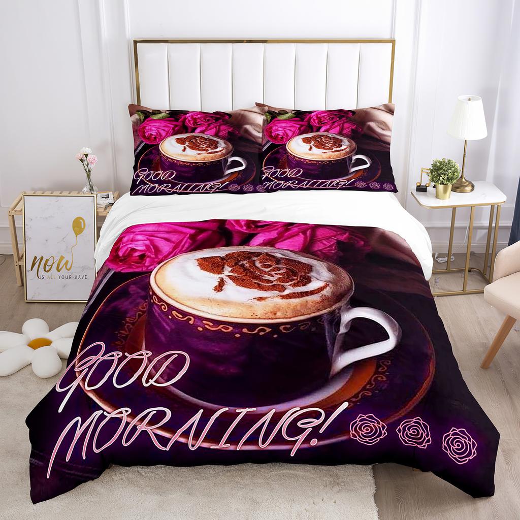 Buon Mattino Set Copripiumino Stampa 3D Pane Caffè Colazione Poliestere Copripiumino King Queen Matrimoniale per Set Letto Adolescenti