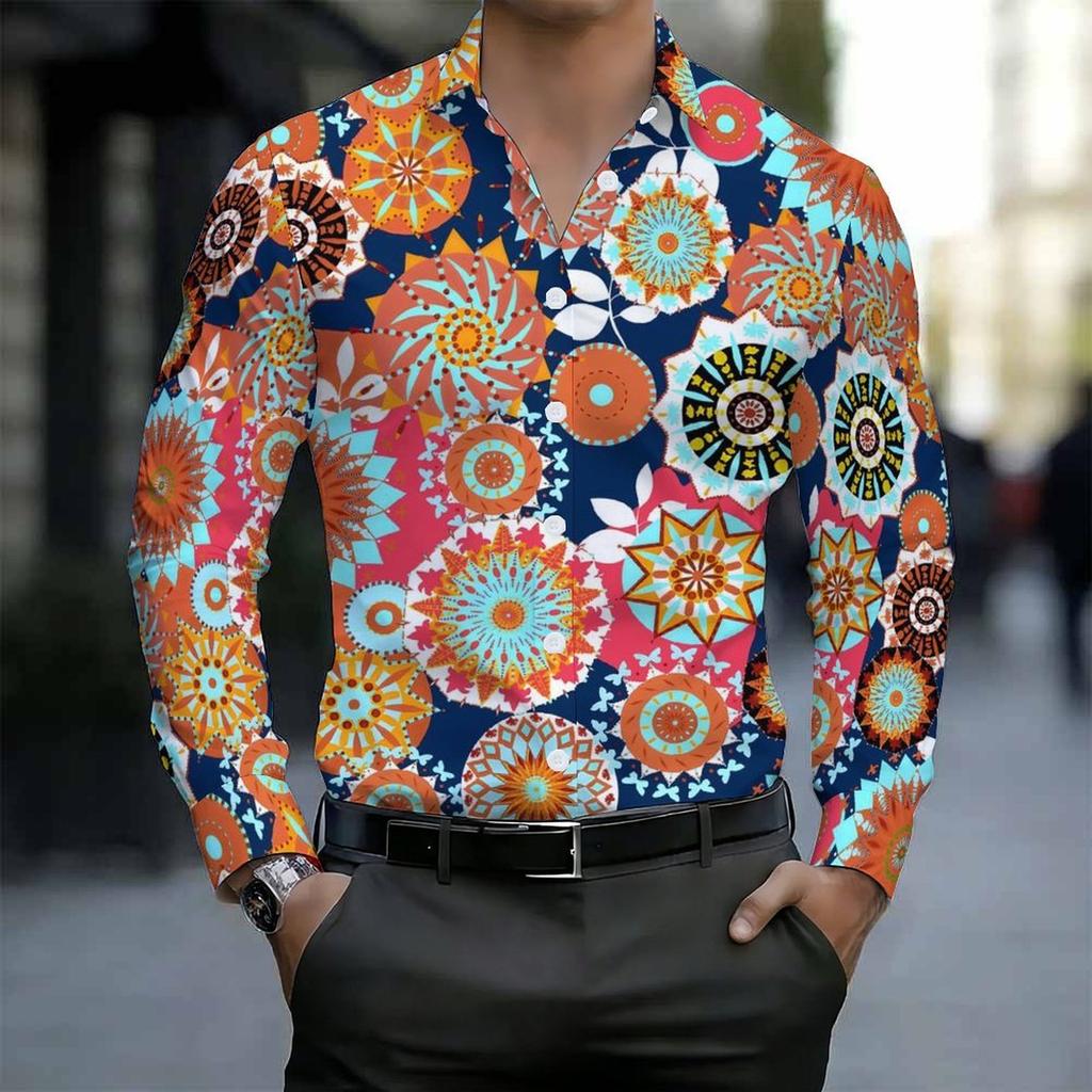 Men Collared Shirt Beige Brown Leopard Animal Print Long Sleeve Button Down Top