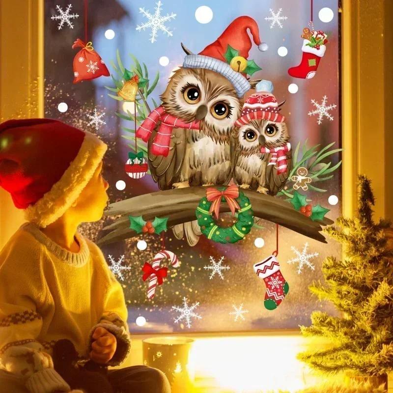 Christmas Owl Branch Wall Stickers Living Room Glass Window Mural Bedroom Decor Self Adhesive Animal Decals Home Decoration