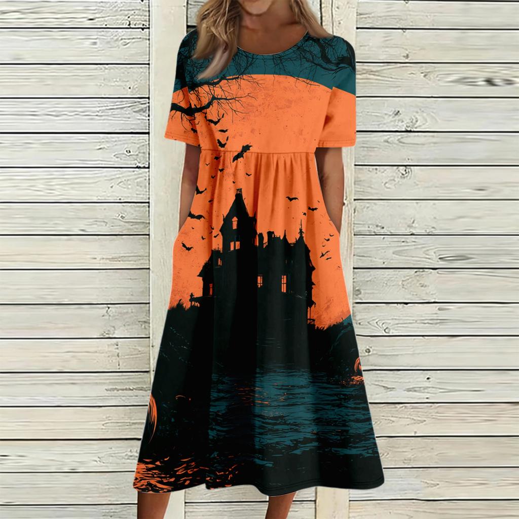 Women's Casual Halloween Print Round Neck Dress with Pockets