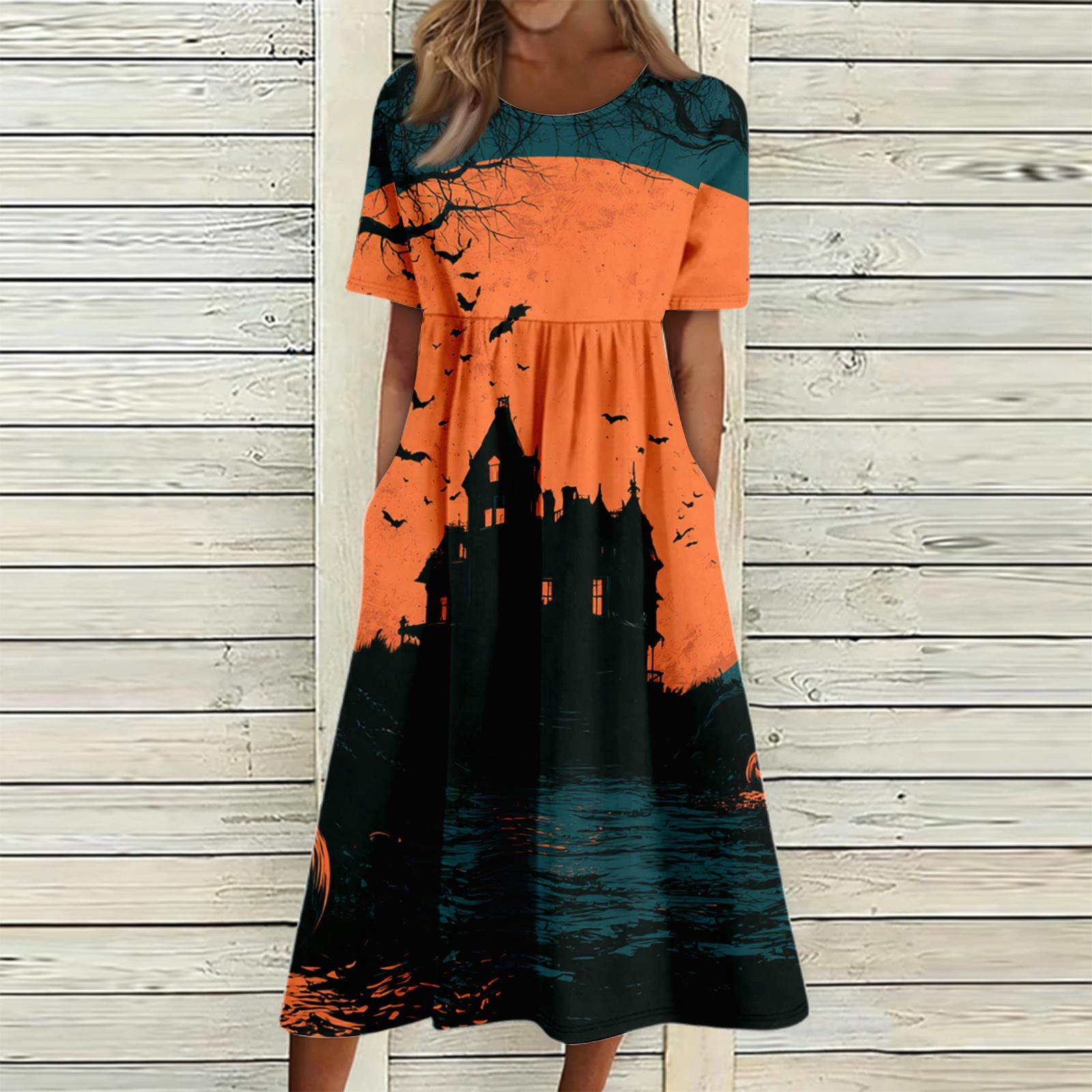 Women s Casual Halloween Print Round Neck Dress with Pockets L