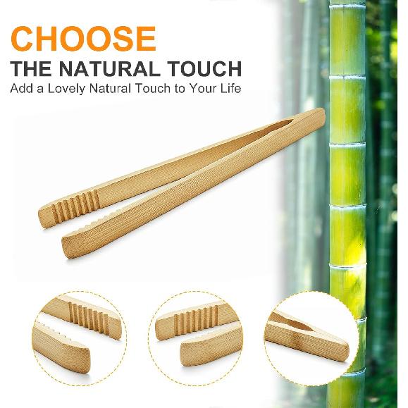 2 Pack Premium Bamboo Toaster Tongs, 10 Inches Natural Wooden Tongs with Serrated Tips for a Secure Grip On Toast, Bagels, Pastries, and Salads,