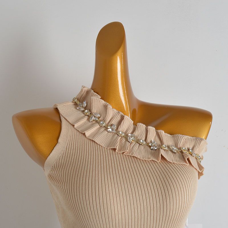 Pure Desire Style Sexy Oblique Shoulder Diamond Knitting Camisole Women's Summer Stylish Western Style Slim Fit Sleeveless Top