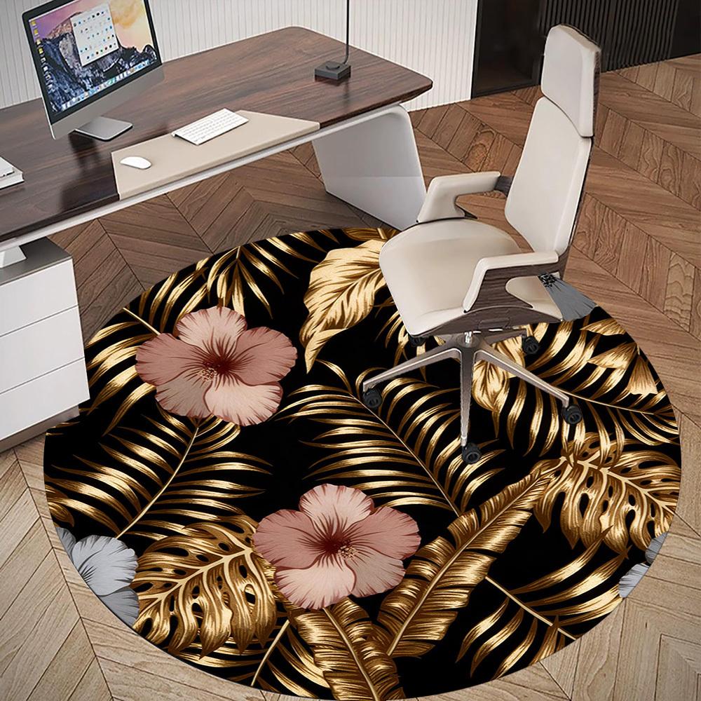 1pc Tropical Leaves Flowers Round Chair Mat Office Area Rug - Non-Slip, Floor Mat for Office, Bedroom, and Indoor Decor P127195