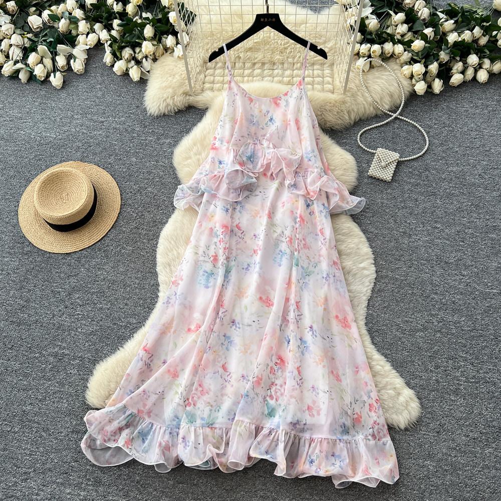 French Holiday Style Floral Temperament Dress Women's Summer Sleeveless Ruffle Edge Thin Temperament Long Dress