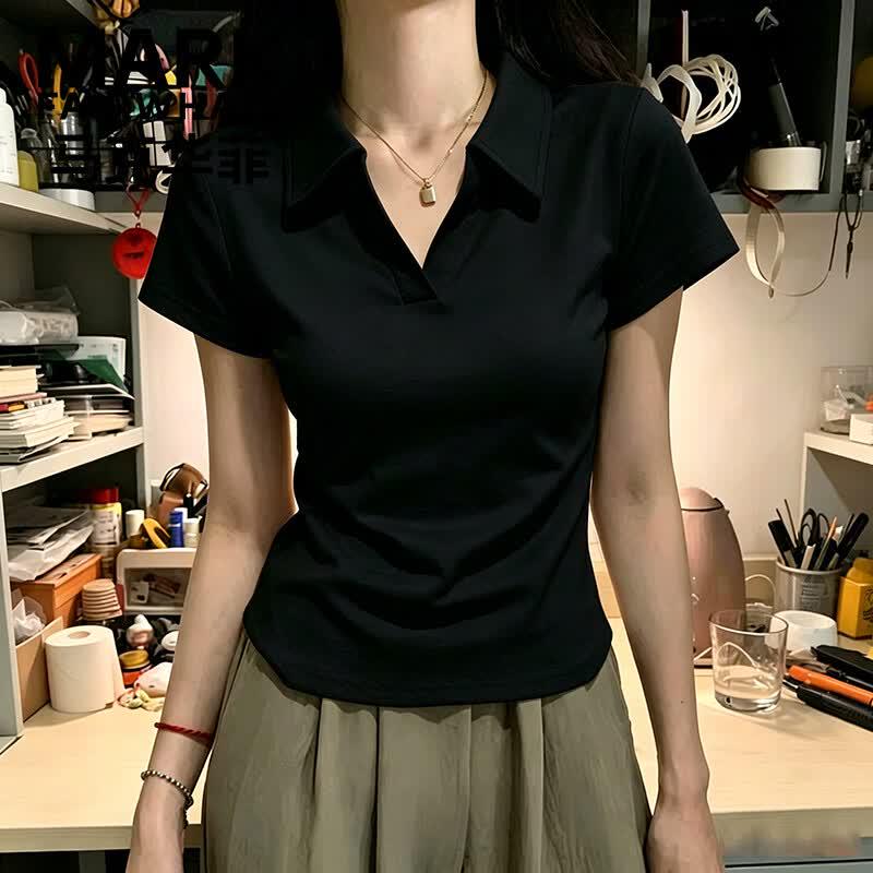 MARK FAIRWHALE Women s Slim-fit Polo Crop Top T-shirt S