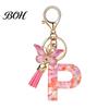 Compact Keychain Pink Series Pendant, Sequins Heart Initial Letter Charm Key Chain with Durable Butterfly Tassel Design, A-Z Holder for Bag