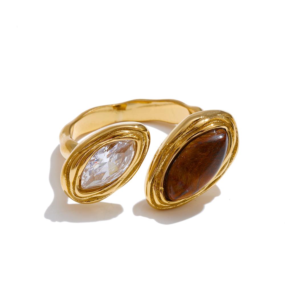 Yhpup Adjustable Stainless Steel Ring Natural Tiger Stone Simulated Pearls Zircon Golden PVD Plated Premium Chic Finger Jewelry