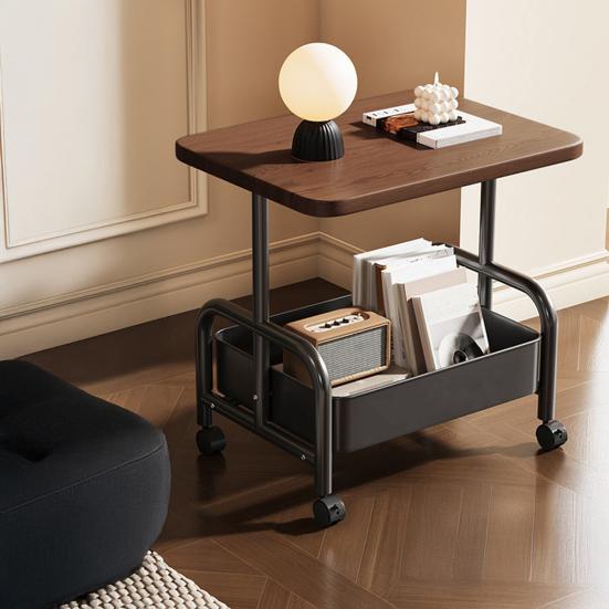 Rolling Double Layer Side Table with Storage Shelf Living Room Bedroom Sofa Couch Bedside Coffee Tea Table Desk Cart with Lockable Wheels