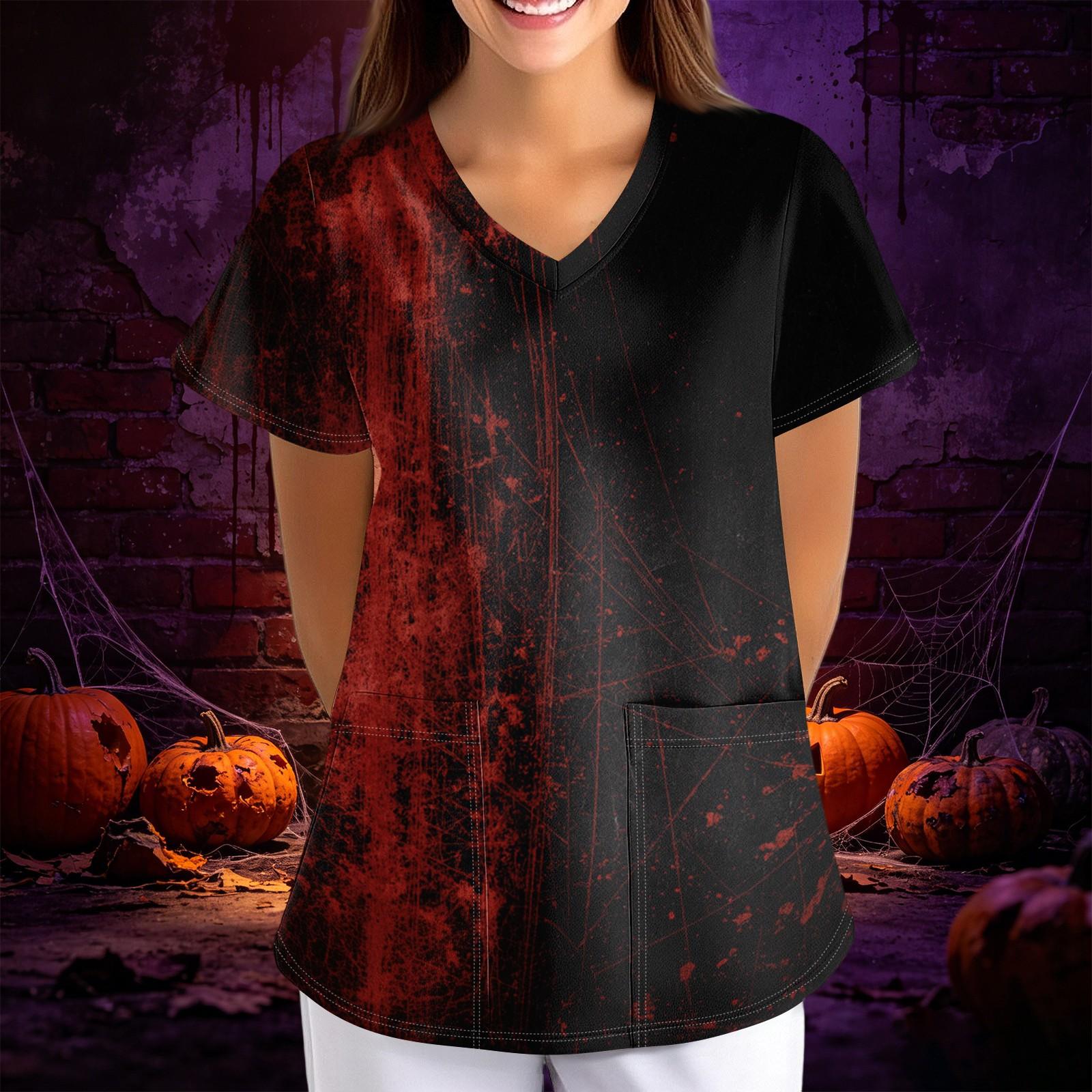Women s Halloween Print Loose Fit V-Neck Pocket Short Sleeve Scrub Top XXXXL