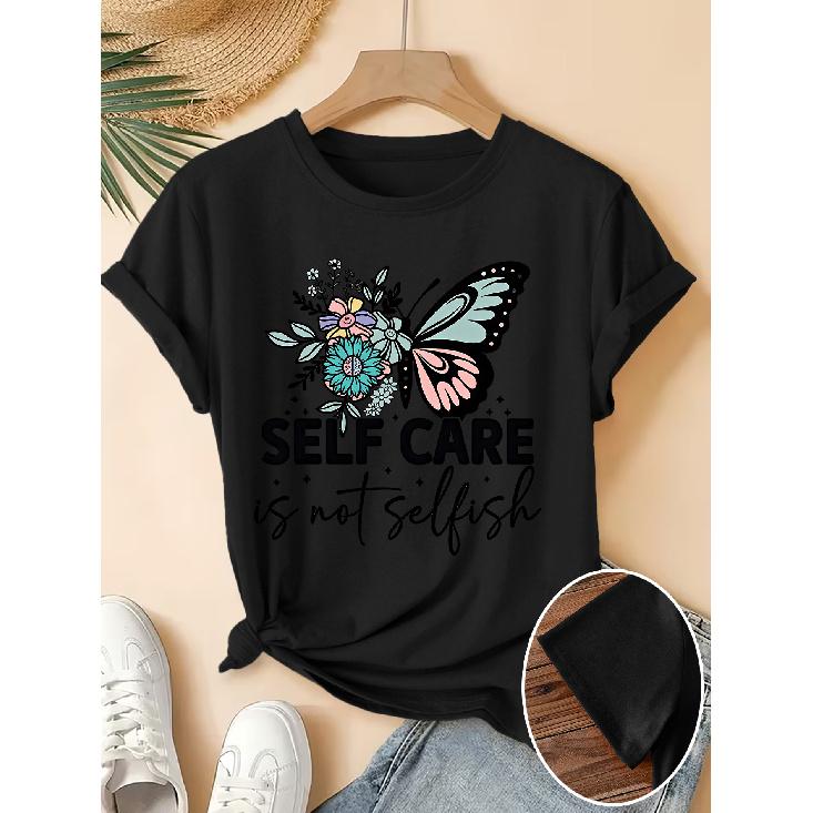 Elegant Women's Short-Sleeve Floral Butterfly Gift SELF CARE Letter Print Pattern Retro Round Neck T Fresh and Natural Style Loose-fitting Shirt