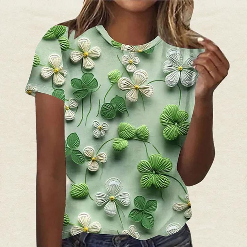 Summer Round Neck 3D St. Patrick's Day Print Top Fashionable Casual Short Sleeved Women's T-shirts