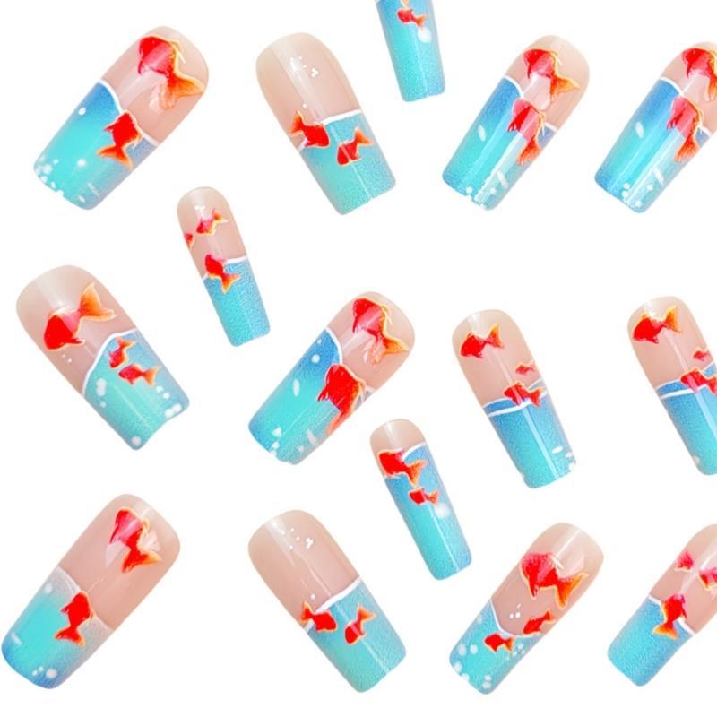 Long Square Press On Nail French Tips Fake Nail Full Cover False Nail with Fish Design Artificial Acrylic Nail for Women