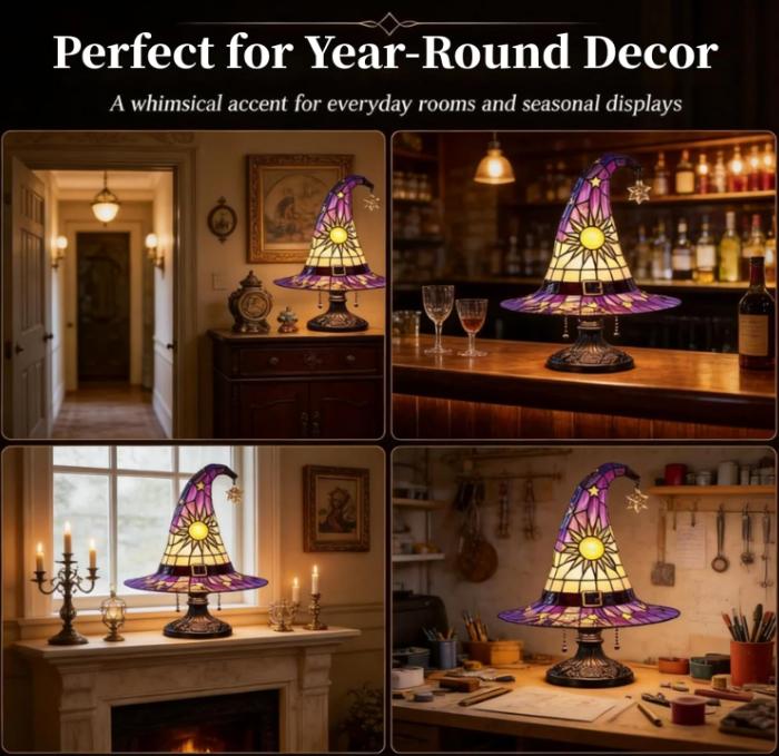 Stained Glass Magic LED Witch Hat Lamp Color USB Plug Resin Night Light Small Ornament30cm