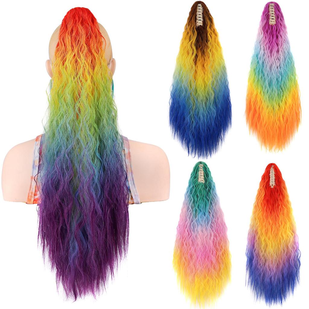 Ponytails Rainbow Ombre Gradient Color Long Curly Ponytail Hair Extension with Claw Instant Styling Hairpiece for Women