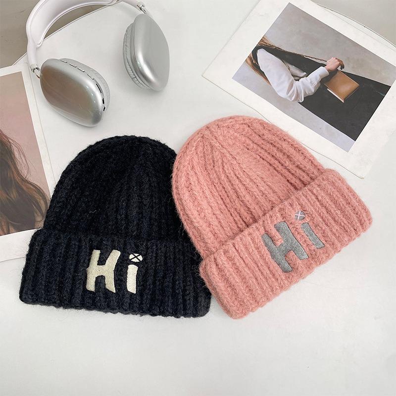 Letter knitted hat women's autumn and winter big head circumference thickened warm ear protection cold hat student outdoor versatile wool hat