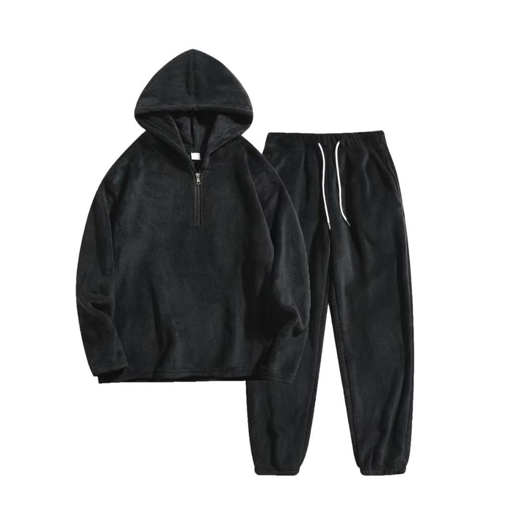 Autumn and winter suit men's fashion thermal hooded sweater solid color wool sweatpants casual sports two-piece set