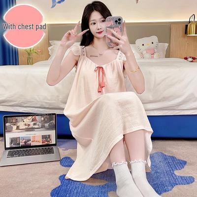 Women's Summer Sweet Princess Cotton Pajamas with Built-in Bra, Plus Size 220 Jin Long Camisole Nightgown