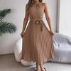 Women Elegant Stand Collar Sleeveless High Waist Pleated Solid Color Long Dress