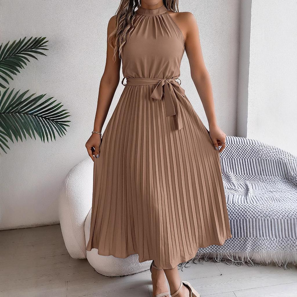 Women Elegant Stand Collar Sleeveless High Waist Pleated Solid Color Long Dress