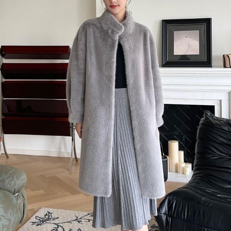 Fashion winter new stand-up collar thickened long imitation mink velvet coat fur coat women