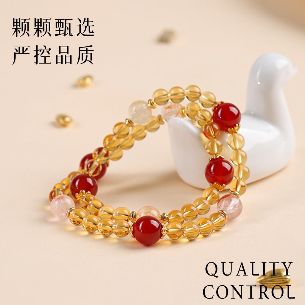 Lucky Yellow Crystal Double Circle Bracelet for Women, New Chinese Style Red Agate High-End Beaded Versatile Crystal Bracelet Jewelry