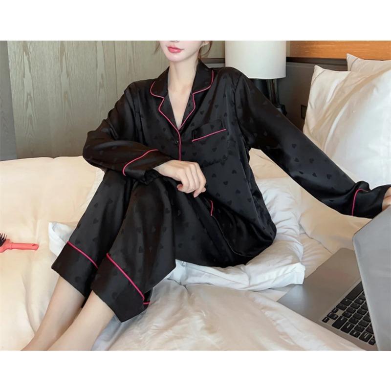 2PCS Set Spring Autumn Love Jacquard Silk Pajamas Women's Long Sleeve Simple Sleepwear Homewear Girl Black Nightwear Loungewear
