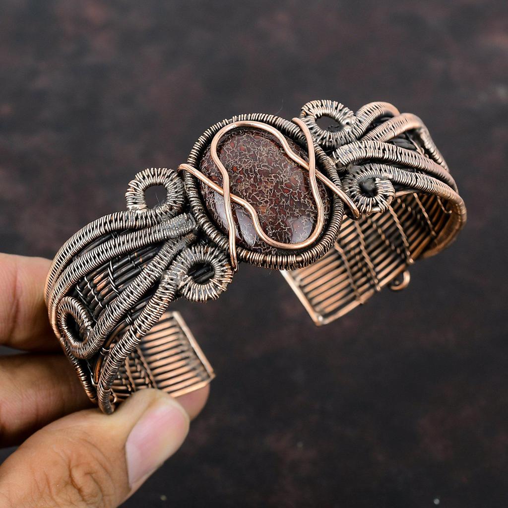 Dinosaur Bone Cuff Bracelet Copper Wire Wrapped Adjustable Bangle Handmade Cuff Bracelet Gemstone Bangle Copper Wire Jewelry Engagement Gift