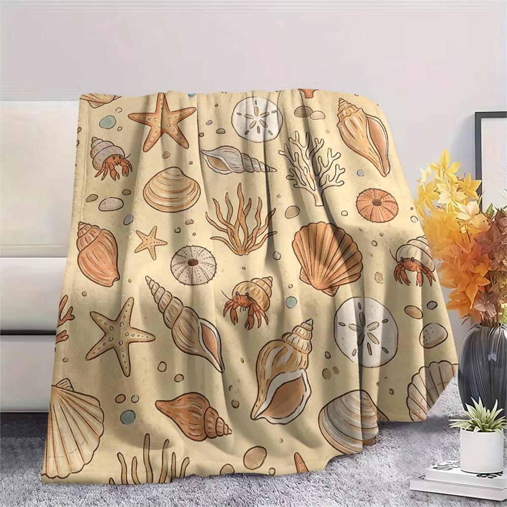 1PC Summer Beach Print Flannel Blanket, High quality All Seasons, Home Decor, Warmth and Comfort, Perfect for Christmas Gifts