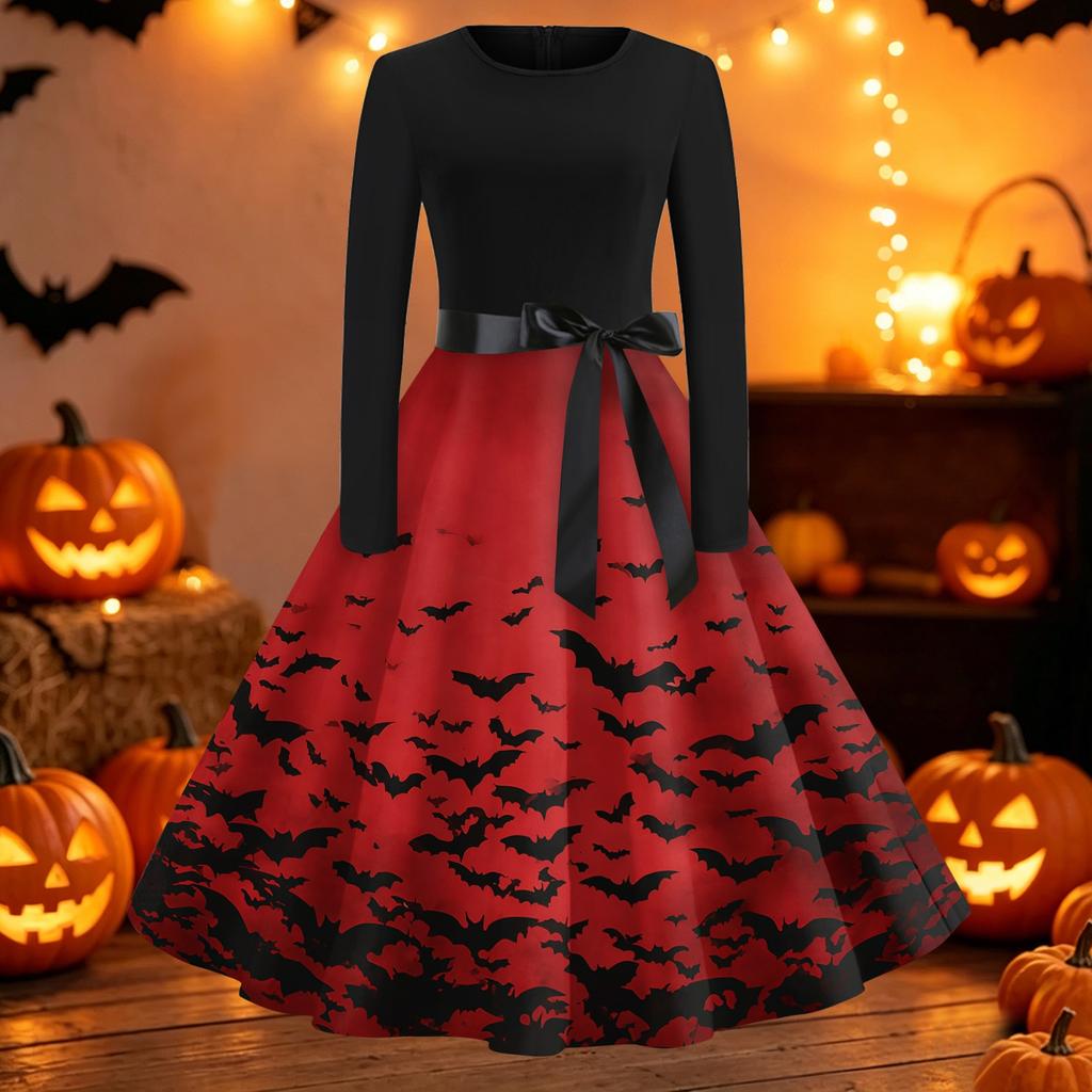 Women's Vintage Round Neck Dress with Halloween Print for Casual Fall Outings