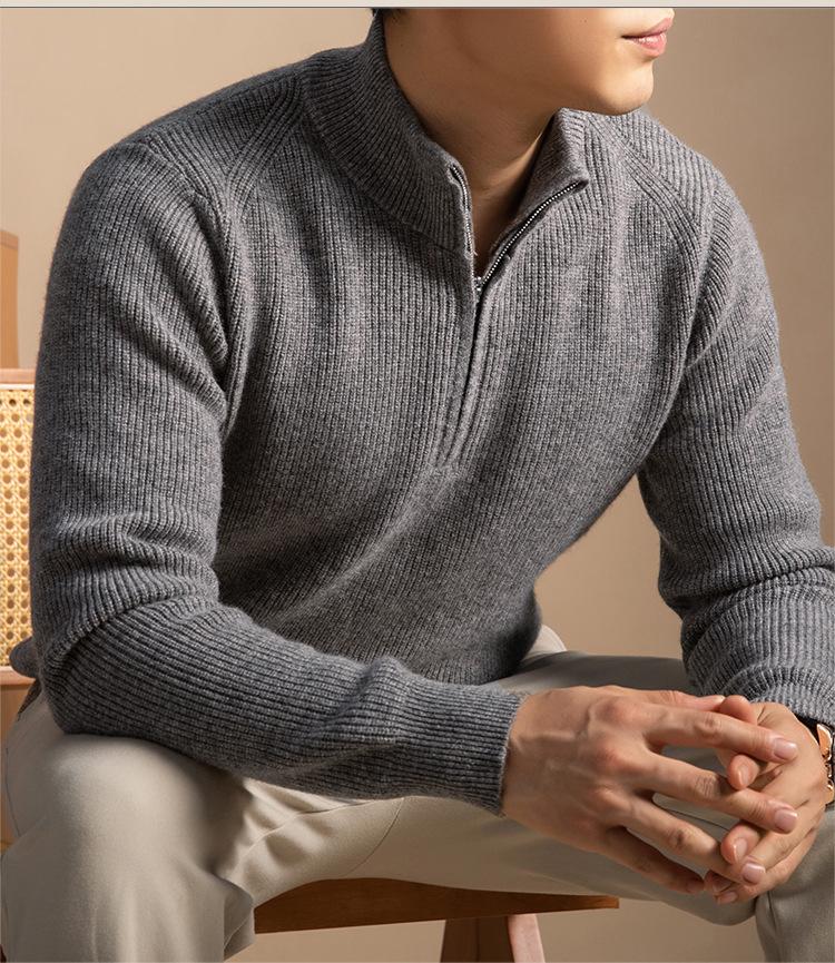 Men's 100% Wool High Collar Zipper Sweater - Thick, Warm Knitted Base Layer for Autumn/Winter