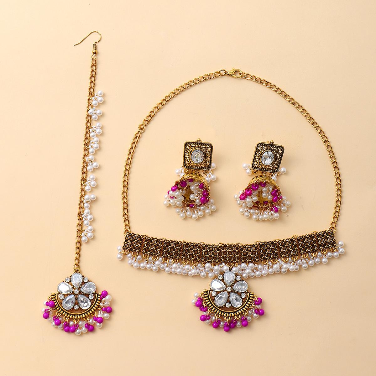 Ethnic Style Hollow Bell Necklace Earrings Hair Chain Set Diamond Flower Pearl Fringed Jewelry High Sense