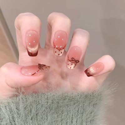 Playful Blush Polka Dot Cat Eye French Bow Fashionable Removable Wearable Nails 30 Pieces