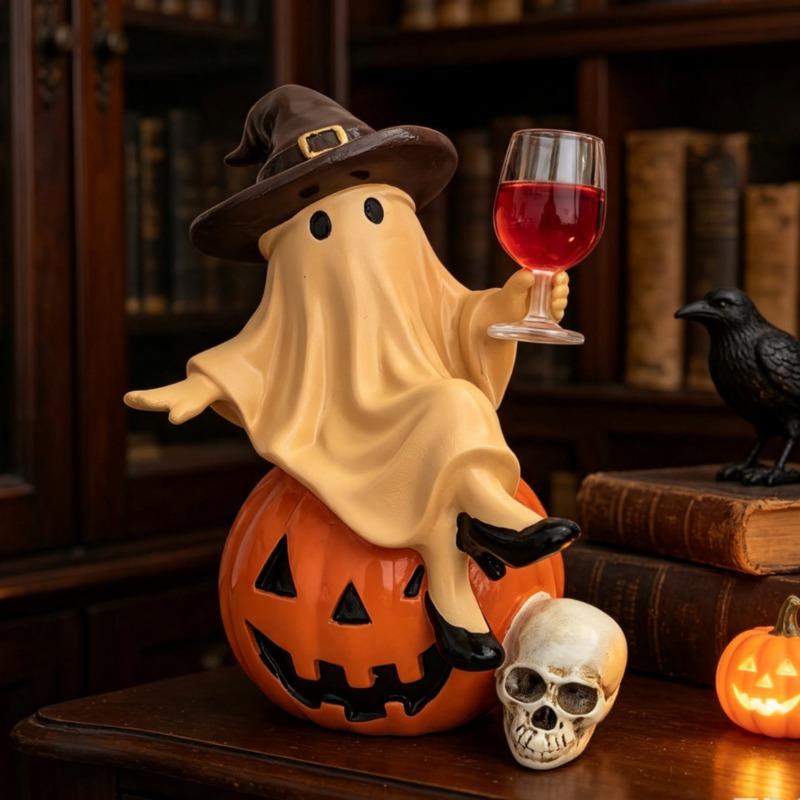 Halloween Ghost Sitting On A Pumpkin Figurine, Witch Holding A Red Wine Glass, Skeleton Decorating The Home Table for A Party Setup.