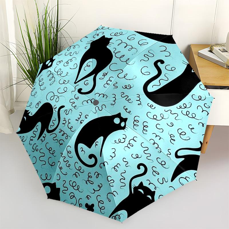 1pc Black Cats on Light Blue Background Umbrella with Plastic Handle,Compact & Stylish,Cartoon Pattern,Outdoor UmbrellaPT294