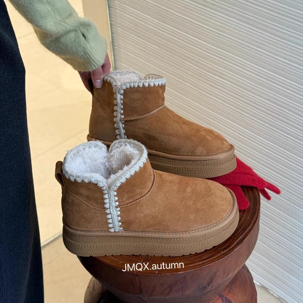 Korean Version of Genuine Leather Real Hair Snow Boots Women's 2025 Winter Plush Thick-soled Short Thermal Cotton Shoes, Genuine Leather Plush