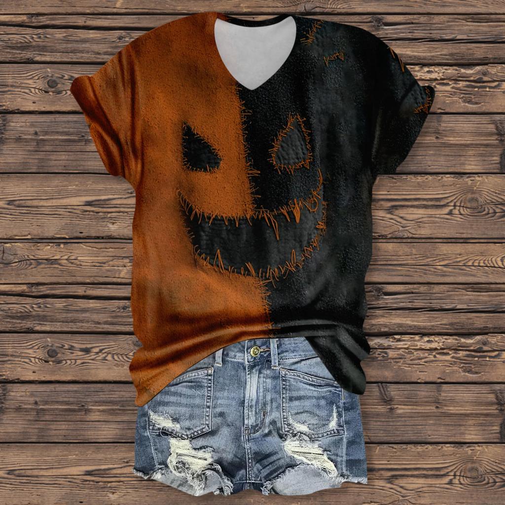 Women's Fashion Casual Three-quarter Sleeve Halloween Letters,  Face Print Top