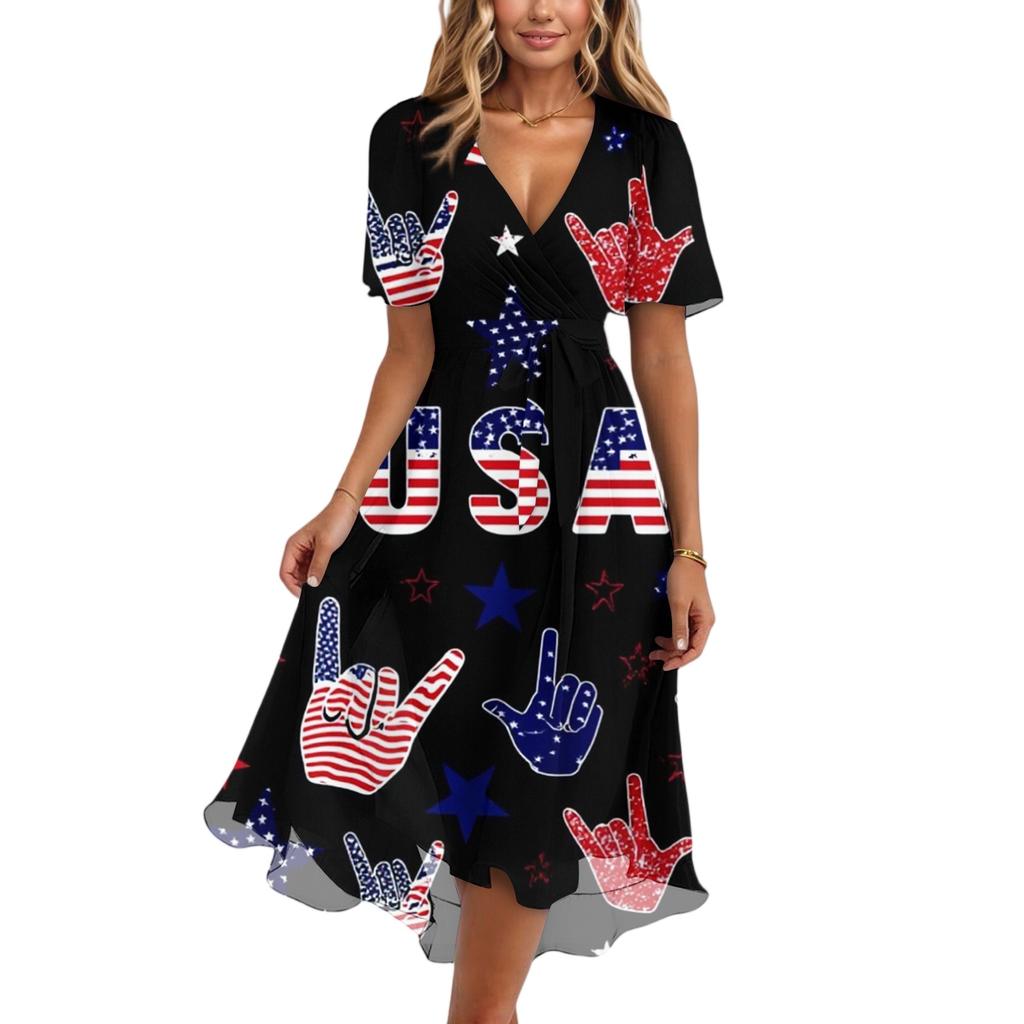 Women's Fashionable Casual V-neck Short-sleeved Independence Day Printed Dress