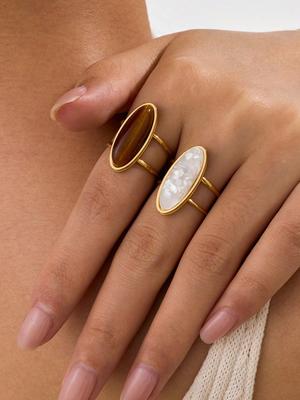 2 Stück Edelstahl Goldfarbenes Offenes Ring-Set Mit Weißen Und Tigerauge-Stein-Edelsteinen, Geeignet Für Damen-Schmuck Oder Zum Verschenken