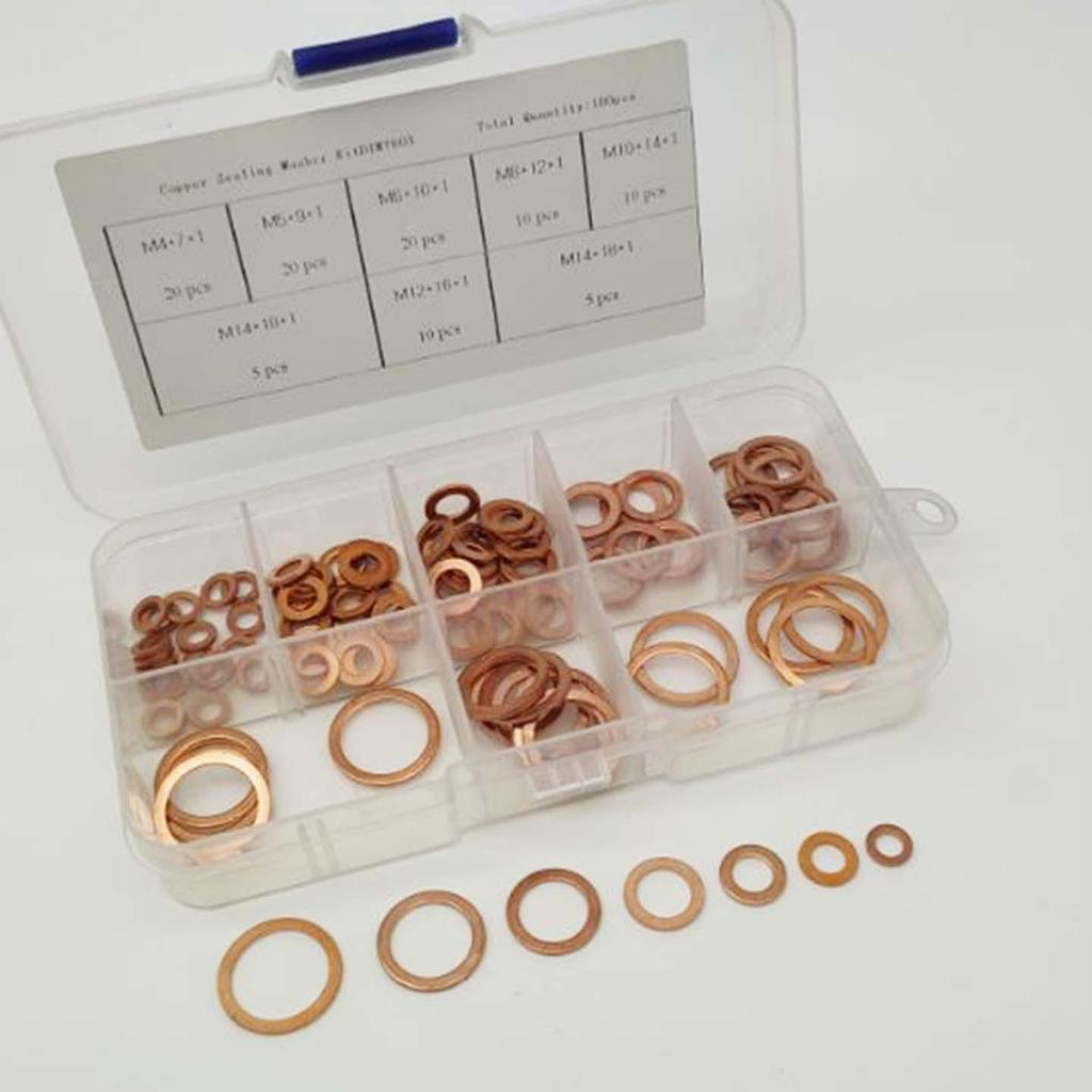 100-Piece Red Copper Oil Seal Washer Set - Flat & Sealing Washers Gaskets