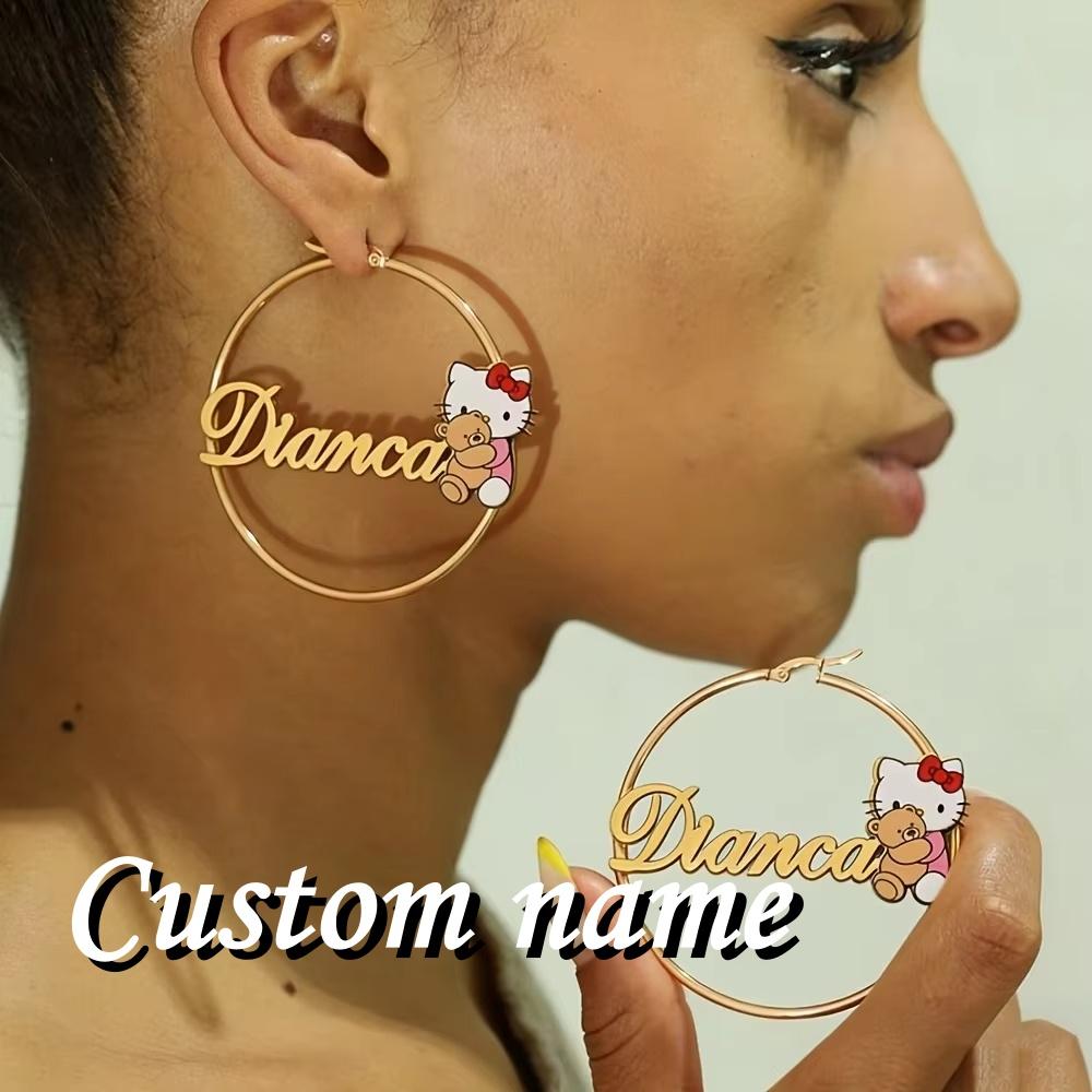 DuoYing 50mm Hoop Earrings Personalized Name Stainless Steel Cartoon Jewelry Earring Custom Name a Festive Gift for a Lady