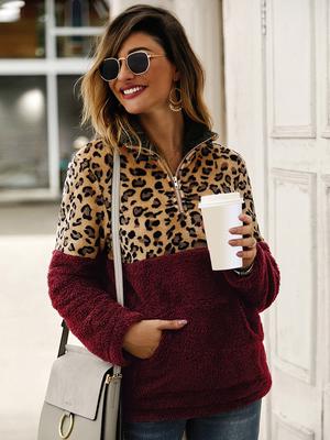 Women Autumn Winter Plush Hoodie Sweatshirts Leopard Splice Long Sleeve Turtleneck Zipper Casual
